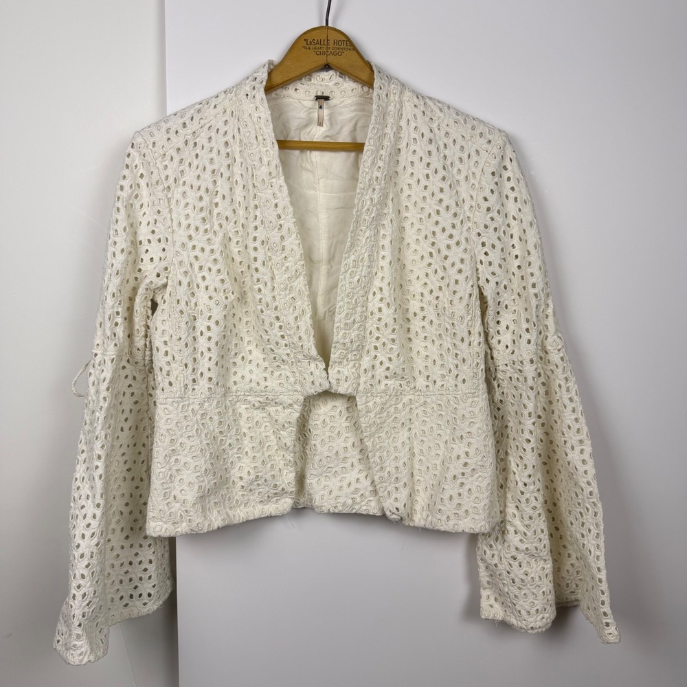 Free People Cream Eyelet Lace Bell Sleeve Open Front Jacket Blazer Small